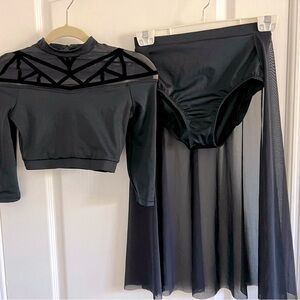 Weissman Black Sheer Panel Two Piece Dance Costume With Sheer Skirt Size LC